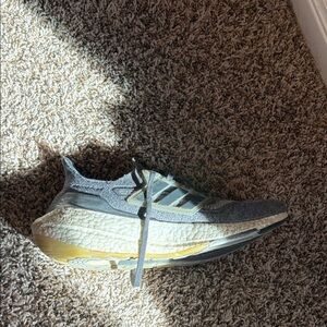 adidas Grey Knit Running Shoe with Yellow Accent